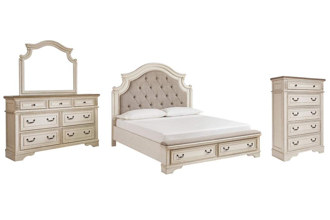 Realyn Queen Upholstered Bed with Mirrored Dresser and Chest